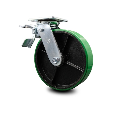 Service Caster 8 Inch Green Poly on Cast Iron Caster with Roller Bearing and Total Lock Brake SCC-TTL30S820-PUR-GB